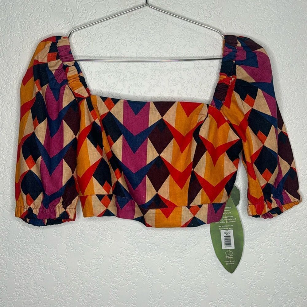 NWT Farm Rio Lindeza Grafica Linen Crop Top In Multi Small - Picture 2 of 13